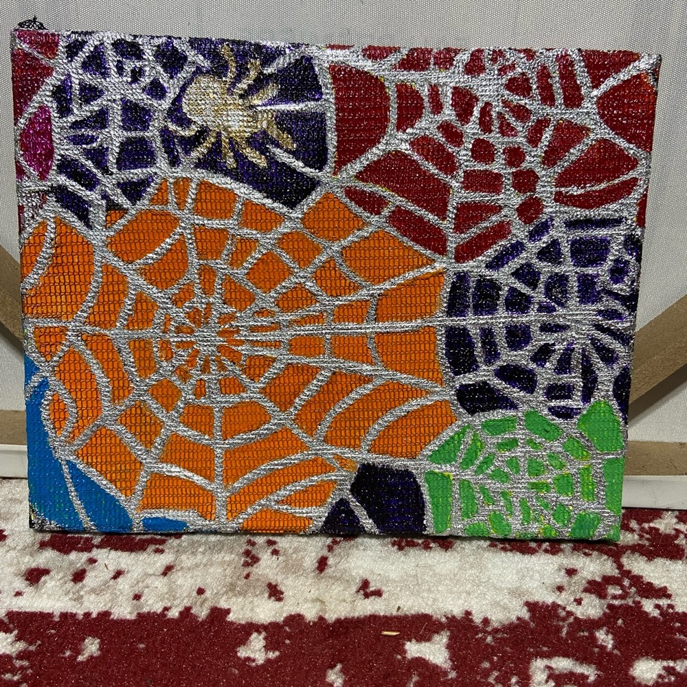 Hand Painted and Gilded Halloween Theme Lace on Canvas. Multicolor